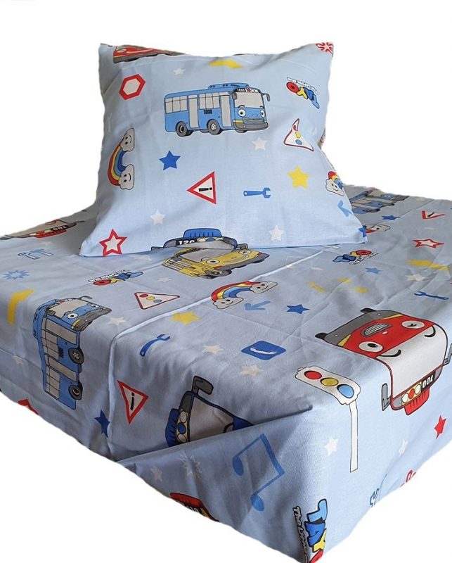 engros-Cearsaf pentru patut bebelus si fata de perna 120x150cm bumbac imprimat masinute bleu 2