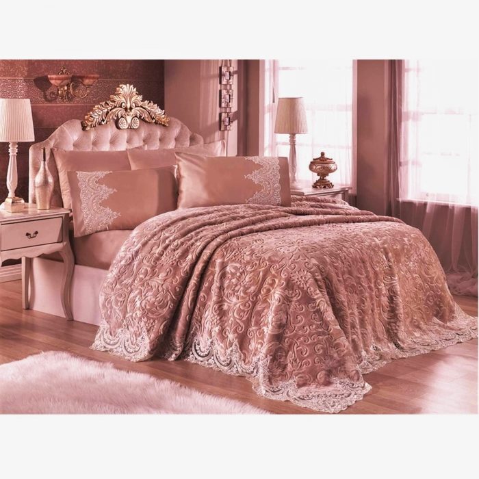 Set Cuvertură de pat extralarge Royal Home cu dantelă, 6 piese - Roz ars - imagine 2