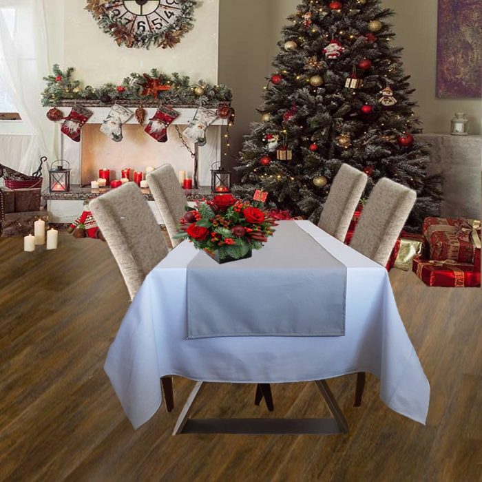 Fata de masa alba cu napron gri uni Best Cotton Winter 01 - creton, 180x220 cm + 45x180 cm,100% bumbac - imagine 2