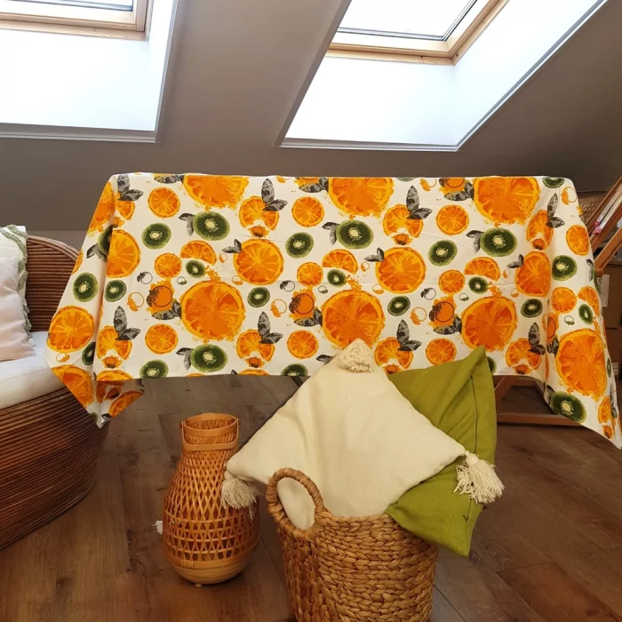 Fata de masa Best Cotton Exotic - 100% bumbac, creton, decor portocale si kiwi - imagine 3