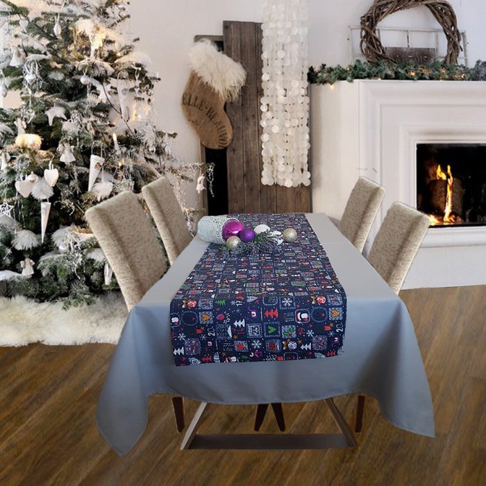 Fata de masa gri cu napron albastru Best Cotton Winter 23 - creton, 180x220 cm + 45x180 cm, 100% bumbac - imagine 2