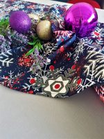 Fata de masa gri cu napron albastru Best Cotton Winter 24 - creton, 180x220 cm + 45x180 cm, 100% bumbac