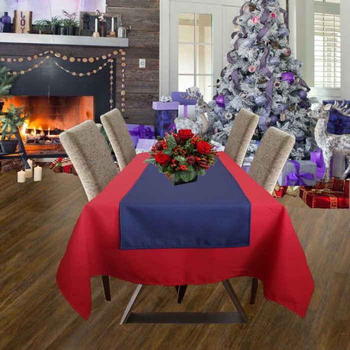 Fata de masa rosie cu napron albastru uni Best Cotton Winter 11 - creton, 180x220 cm + 45x180 cm, 100% bumbac - imagine 2