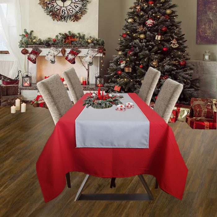 Fata de masa rosie cu napron gri uni Best Cotton Winter 15 - creton, 180x220 cm + 45x180 cm, 100% bumbac - imagine 2