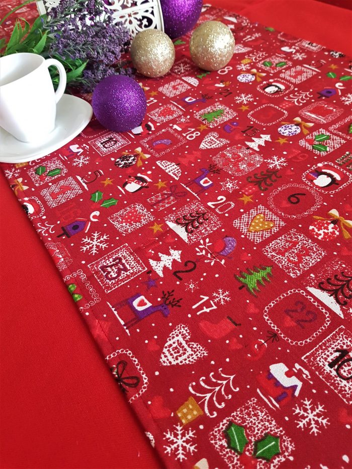 Fata de masa rosie cu napron rosu Best Cotton Winter 16 - creton, 180x220 cm + 45x180 cm, 100% bumbac - imagine 4
