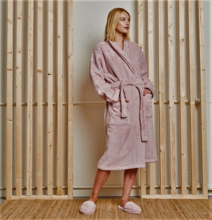 Halat de baie, cu guler Best Cotton - 100% bumbac, culoare roz pudra - imagine 2