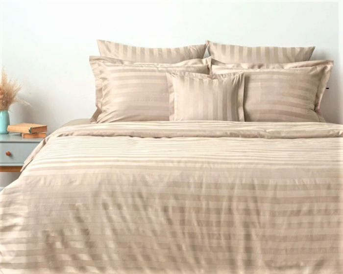 Cearceaf de pat Best Cotton Deco, 100% bumbac, Damasc Saten, dimensiune dungi 1 cm, Cappuccino - imagine 2