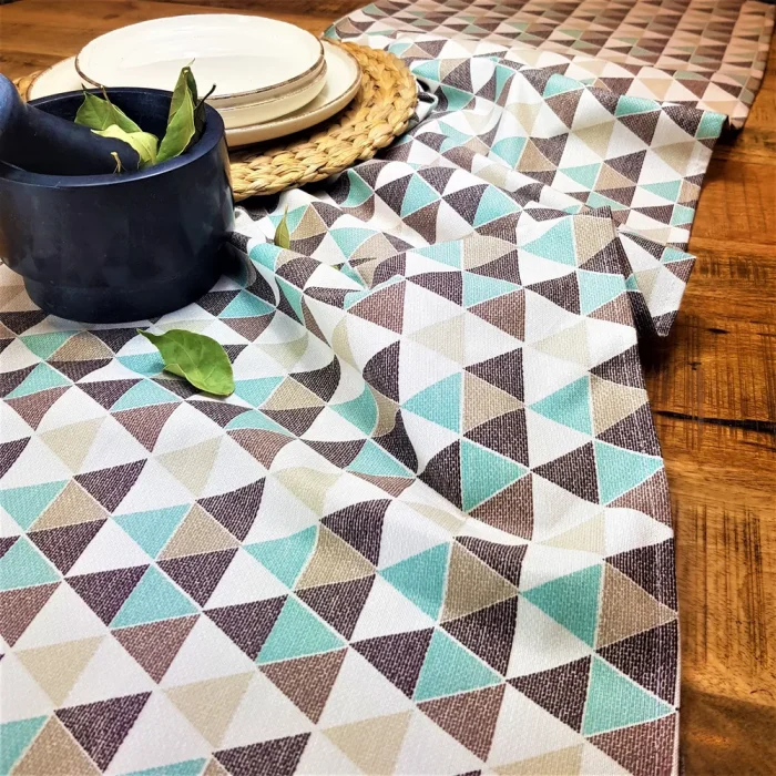 Fata de masa Best Cotton Exotic - 100% bumbac, creton, decor triunghiuri, aqua - imagine 3