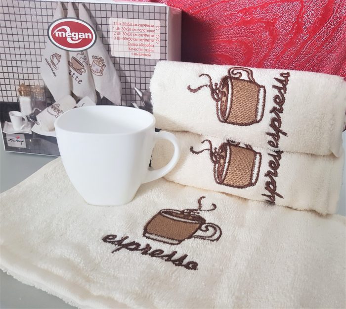Pachet 3 prosoape bucatarie Best Cotton - Espresso, 100% Bumbac, 30x50 cm, cu broderie - imagine 2