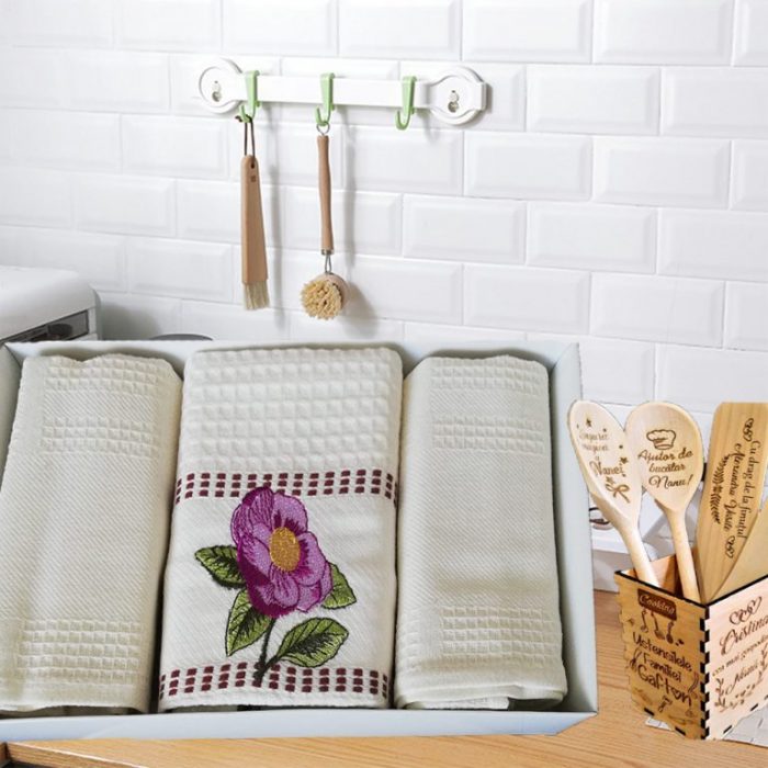 Pachet 3 prosoape bucatarie Best Cotton - Floare, model fagure, ivoire, 100% Bumbac, 40x60 cm, cu broderie - imagine 3