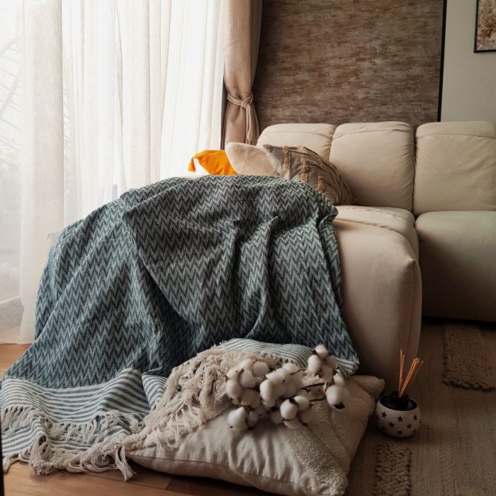 Cuvertura Old Fashion pentru pat dublu, dimensiunea 220x240 cm, 100% bumbac, zig-zag, verde cu ciucuri - 20 - imagine 3