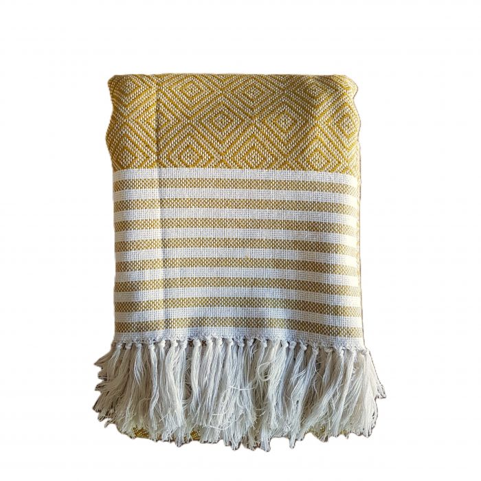 Cuvertura Old Fashion pentru pat dublu, dimensiunea 220x240 cm, 100% bumbac, mustar cu ciucuri - 16 - imagine 4