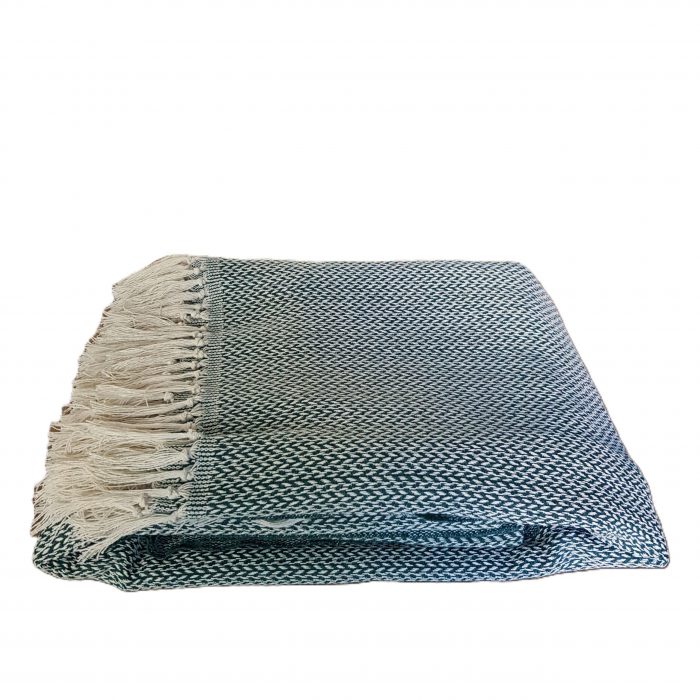 Cuvertura Old Fashion pentru pat dublu, dimensiunea 220x240 cm, 100% bumbac, albastru cu ciucuri - 18 - imagine 4