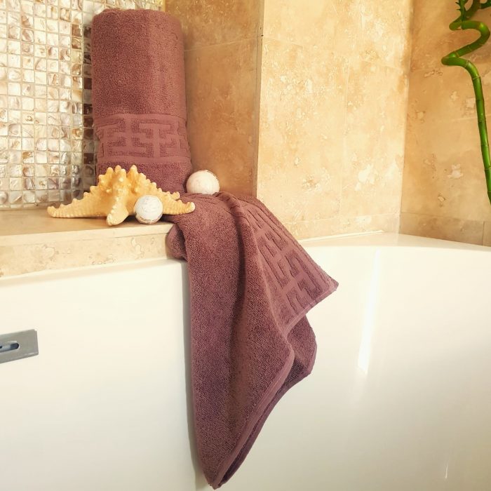 Prosop baie Greek Border Jacquard - 100% Bumbac, 500g/mp, roz ars - imagine 2