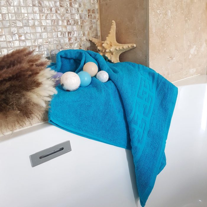 Prosop baie Greek Border Jacquard - 100% Bumbac, 500g/mp, turquoise - imagine 4