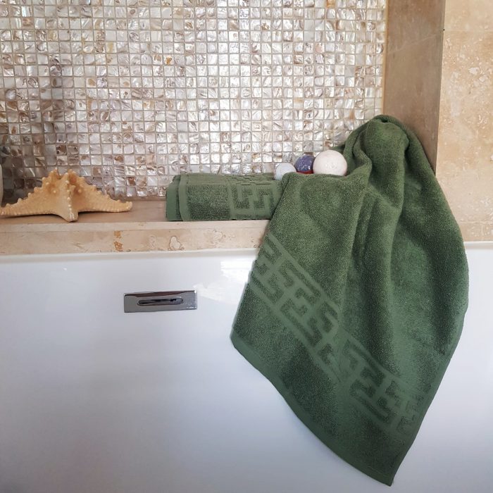 Prosop baie Greek Border Jacquard - 100% Bumbac, 500g/mp, verde-olive - imagine 3