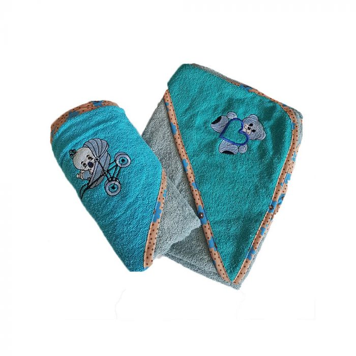 Prosop baie pentru bebelus, 70x70 cm, 100% bumbac, decor brodat pe gluga 23 - imagine 3