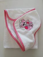 Prosop baie pentru bebelus, 70x70 cm, 100% bumbac, decor brodat pe gluga ursuleti - imagine 4