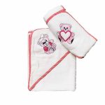 Prosop baie pentru bebelus, 70x70 cm, 100% bumbac, decor brodat pe gluga ursuleti