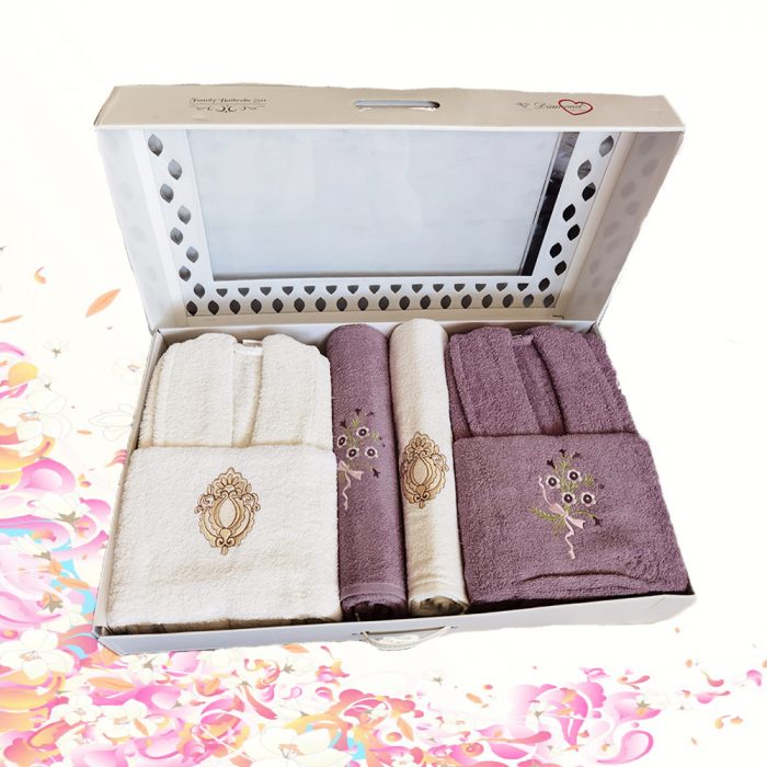 Set baie Best Cotton DeLuxe - halate si prosoape cu broderie, 100% bumbac, ivoire si mov - imagine 4