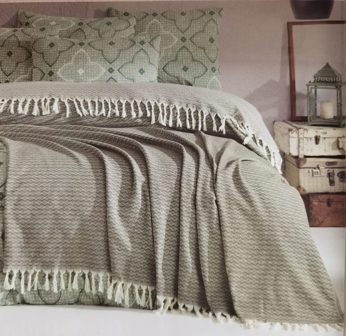 Set pentru pat XXL cu cuvertura tesuta, bumbac 100%, 200x240 cm - Fiona haki - imagine 3