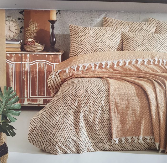 Set pentru pat XXL cu cuvertura tesuta, bumbac 100%, 200x240 cm - Diamond camel - imagine 2