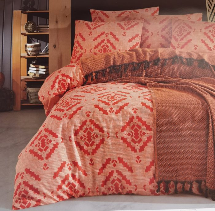 Set pentru pat XXL cu cuvertura tesuta, bumbac 100%, 200x240 cm - Aztec terra cotta - imagine 2