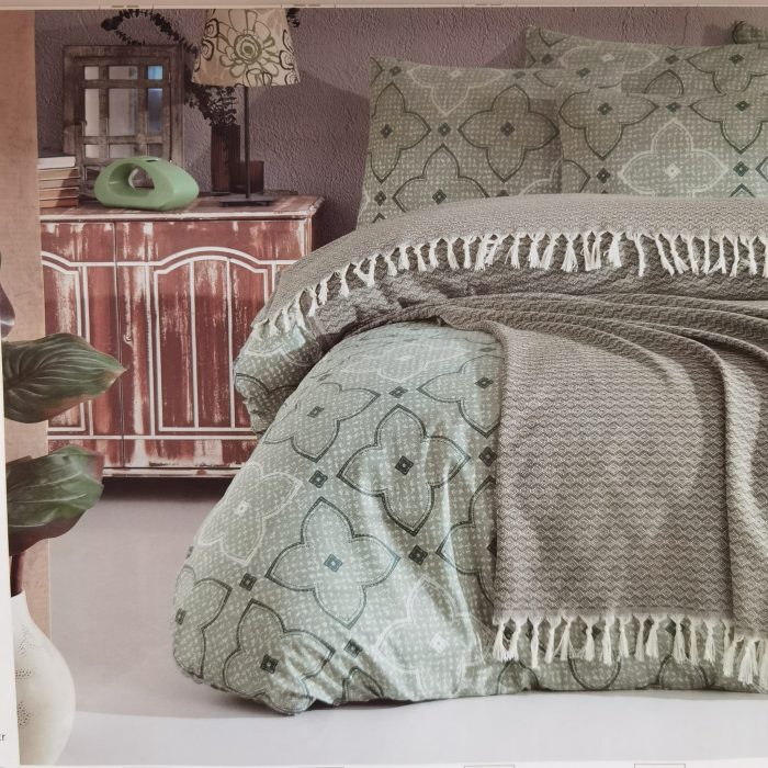 Set pentru pat XXL cu cuvertura tesuta, bumbac 100%, 200x240 cm - Fiona haki - imagine 4