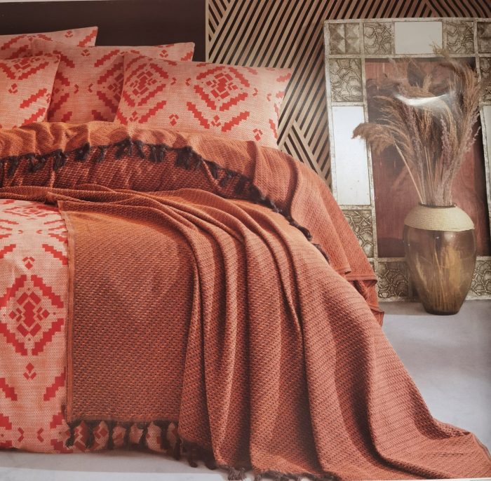 Set pentru pat XXL cu cuvertura tesuta, bumbac 100%, 200x240 cm - Aztec terra cotta - imagine 3