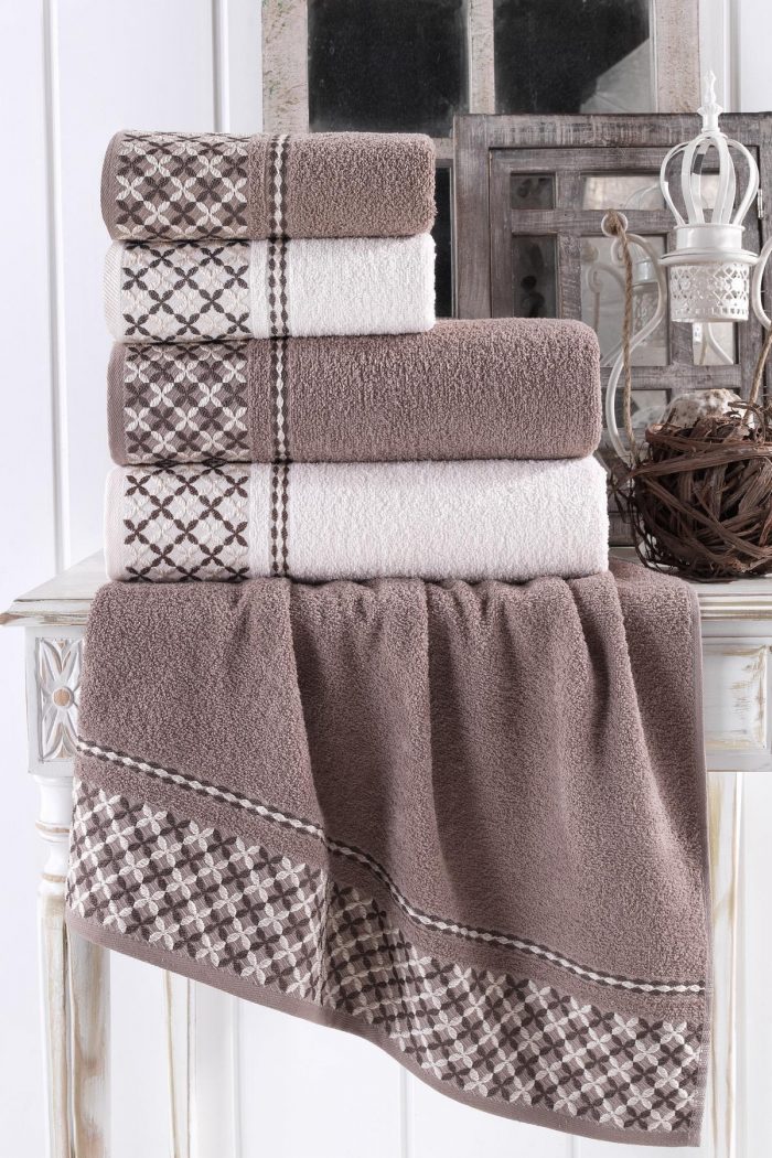 Set 4 prosoape baie , bumbac 100% FAMILY -2 bucati 50x90cm , 2 bucati 70x140cm - Yvoire + Crem - imagine 4