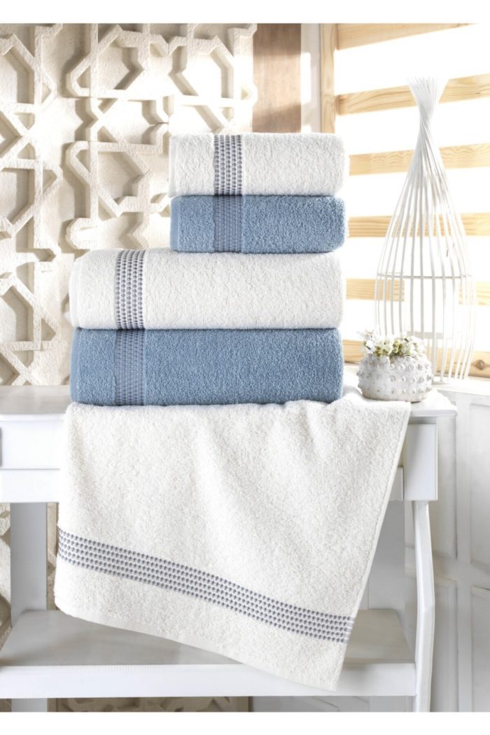 Set 4 prosoape baie , bumbac 100%  BLUE SKY -2 bucati 50x90cm , 2 bucati 70x140cm - Alb + Blue - imagine 2
