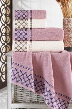 Set 4 prosoape baie , bumbac 100% FAMILY -2 bucati 50x90cm , 2 bucati 70x140cm -Yvoire + Pink