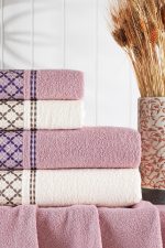 Set 4 prosoape baie , bumbac 100% FAMILY -2 bucati 50x90cm , 2 bucati 70x140cm -Yvoire + Pink - imagine 2