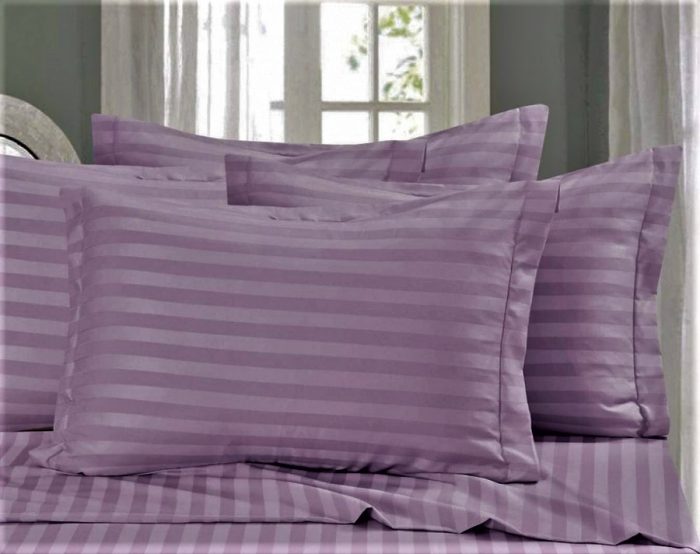 Cearceaf de pat 220x240 cm, damasc saten color dungi inguste 1 cm, 100% bumbac, magenta - imagine 2