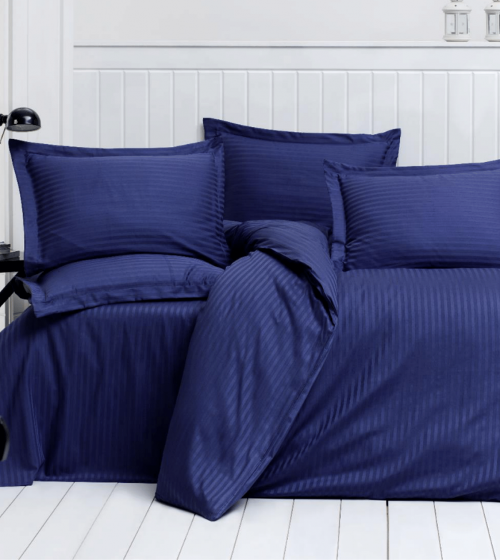 Cearceaf pat 180x240 cm, damasc saten color dungi inguste 1 cm, 100% bumbac, bleumarin - imagine 2