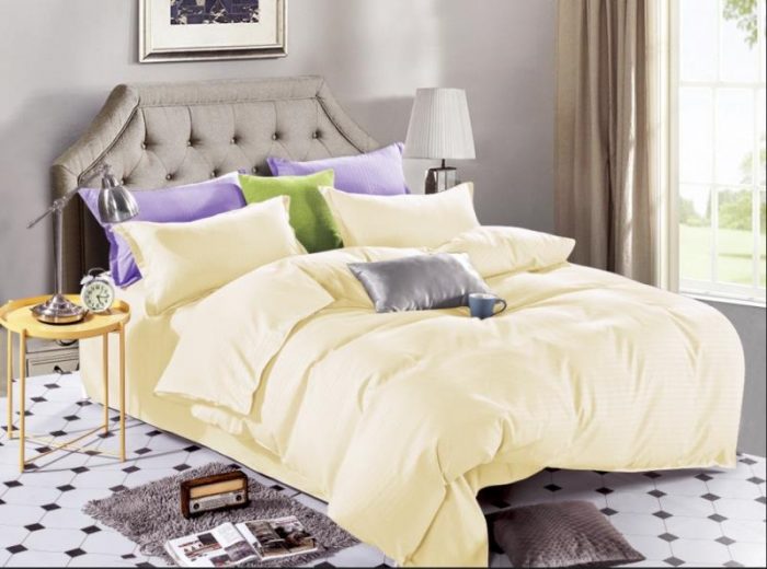 Cearceaf pat cu elastic 140x200+20 cm, damasc saten color dungi inguste 1cm, 100% bumbac, vanilla - imagine 3