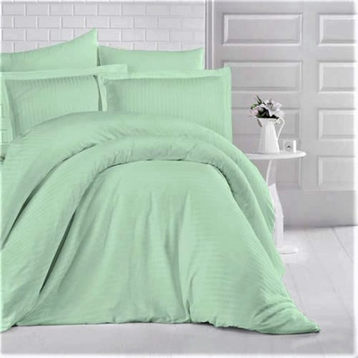 Cearceaf pat cu elastic 180x200+25 cm, damasc saten color dungi inguste 1 cm, 100% bumbac, fistic - imagine 2