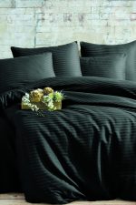 Lenjerie de pat King Size, damasc saten color dungi inguste 1 cm, 100% bumbac, negru - imagine 3