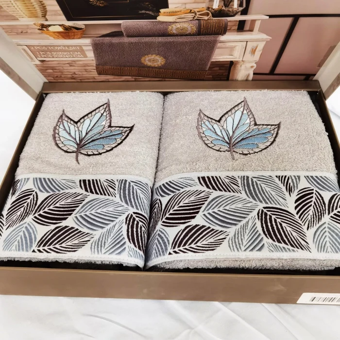 Set  Luxury Special Gift - 2 prosoape baie 50x90 cm + 70x140 cm, bumbac 100% , brodate, gri cu frunza azur - imagine 5