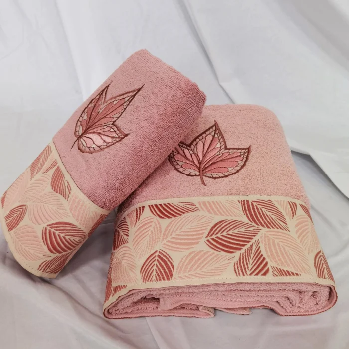 Set  Luxury Special Gift - 2 prosoape baie 50x90 cm + 70x140 cm, bumbac 100% , brodate, roz pudra cu frunza rose - imagine 2