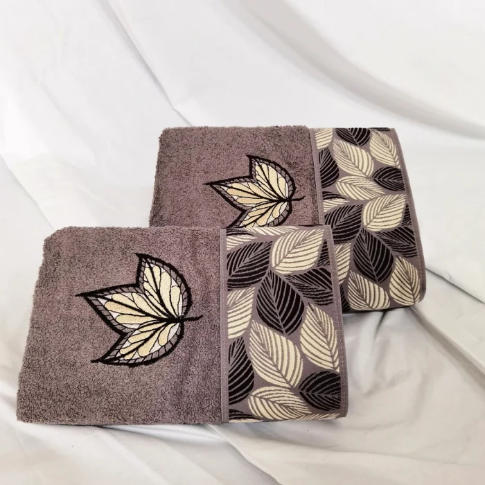 Set  Luxury Special Gift - 2 prosoape baie 50x90 cm + 70x140 cm, bumbac 100% , brodate, gri antracit cu frunze gri - imagine 3