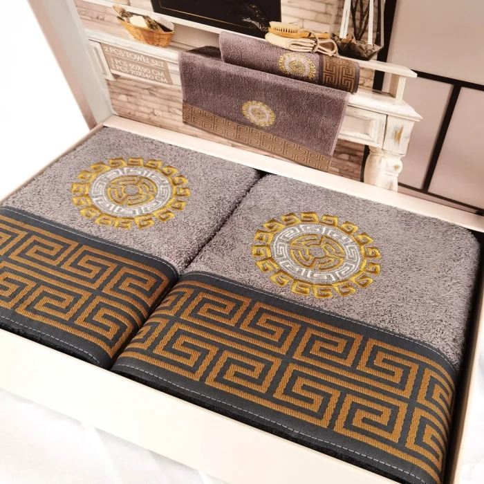 Set  Luxury Special Gift - 2 prosoape baie 50x90 cm + 70x140 cm, bumbac 100% , brodate, model grecesc, gri antracit - imagine 2