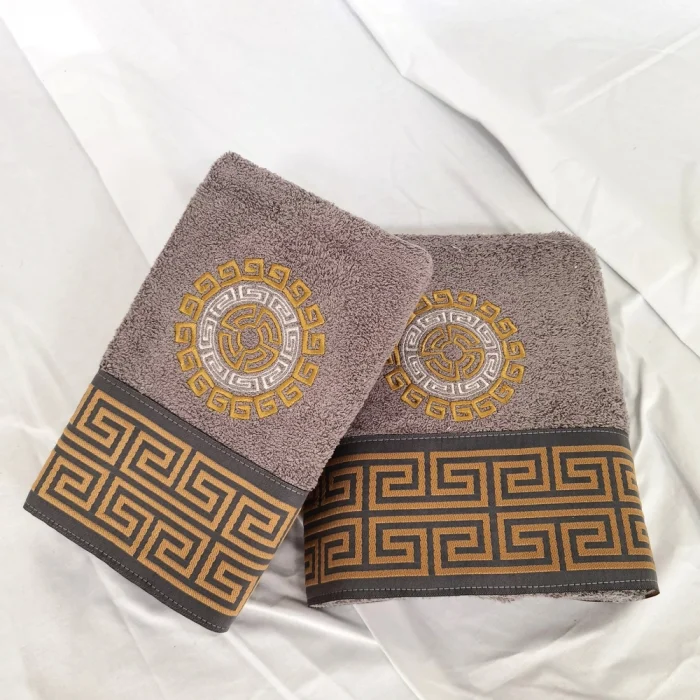 Set  Luxury Special Gift - 2 prosoape baie 50x90 cm + 70x140 cm, bumbac 100% , brodate, model grecesc, gri antracit - imagine 3