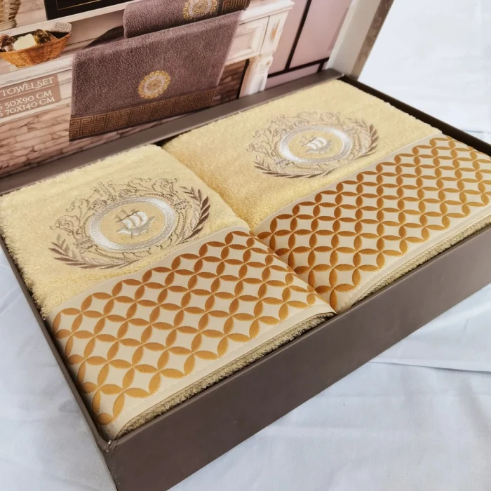 Set  Luxury Special Gift - 2 prosoape baie 50x90 cm + 70x140 cm, bumbac 100% , brodate, model geometric, galben pai - imagine 2