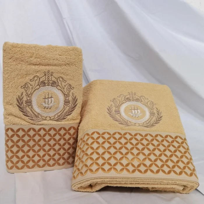 Set  Luxury Special Gift - 2 prosoape baie 50x90 cm + 70x140 cm, bumbac 100% , brodate, model geometric, galben pai - imagine 3