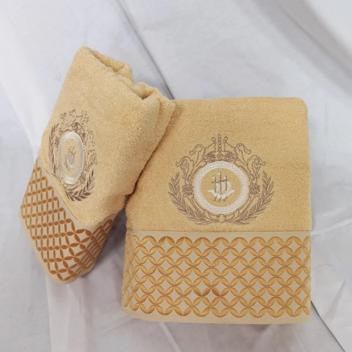 Set  Luxury Special Gift - 2 prosoape baie 50x90 cm + 70x140 cm, bumbac 100% , brodate, model geometric, galben pai - imagine 4