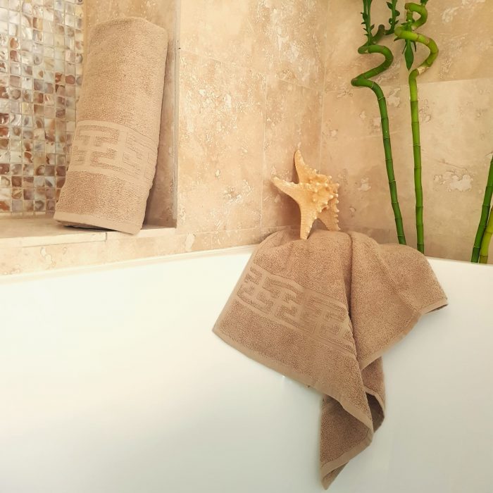 Prosop baie Greek Border Jacquard, 100% bumbac, 500g/mp - Cappuccino - imagine 2