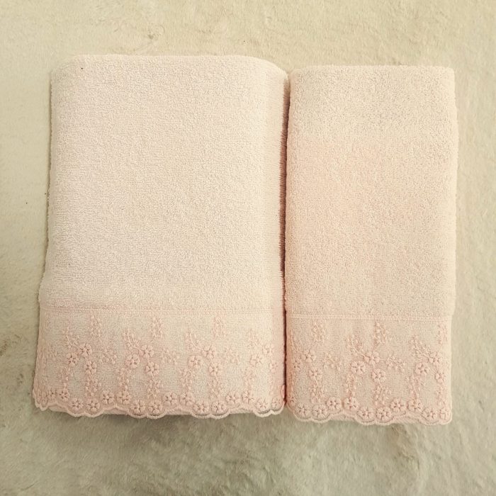 Set 2 prosoape baie Special Gift - 50x90 cm + 70x140 cm, 100% bumbac, cu dantela, rose - imagine 5
