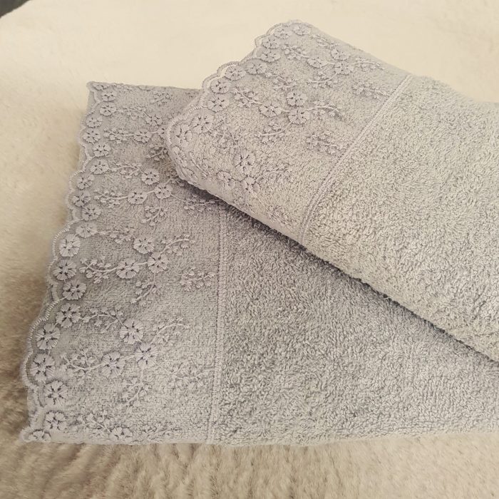 Set 2 prosoape baie Special Gift - 50x90 cm + 70x140 cm, 100% bumbac, cu dantela, gri - imagine 4