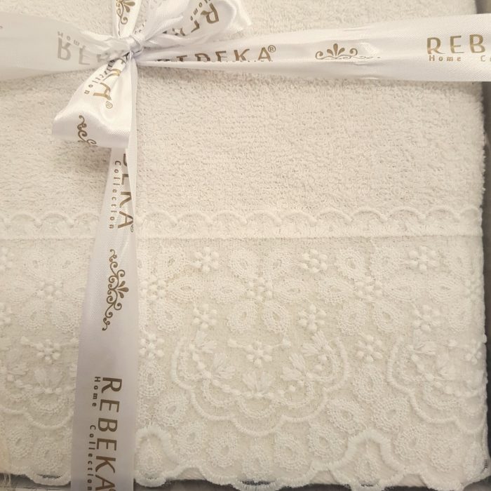 Set 2 prosoape baie Special Gift - 50x90 cm + 70x140 cm, 100% bumbac, cu dantela, ivoire - imagine 3